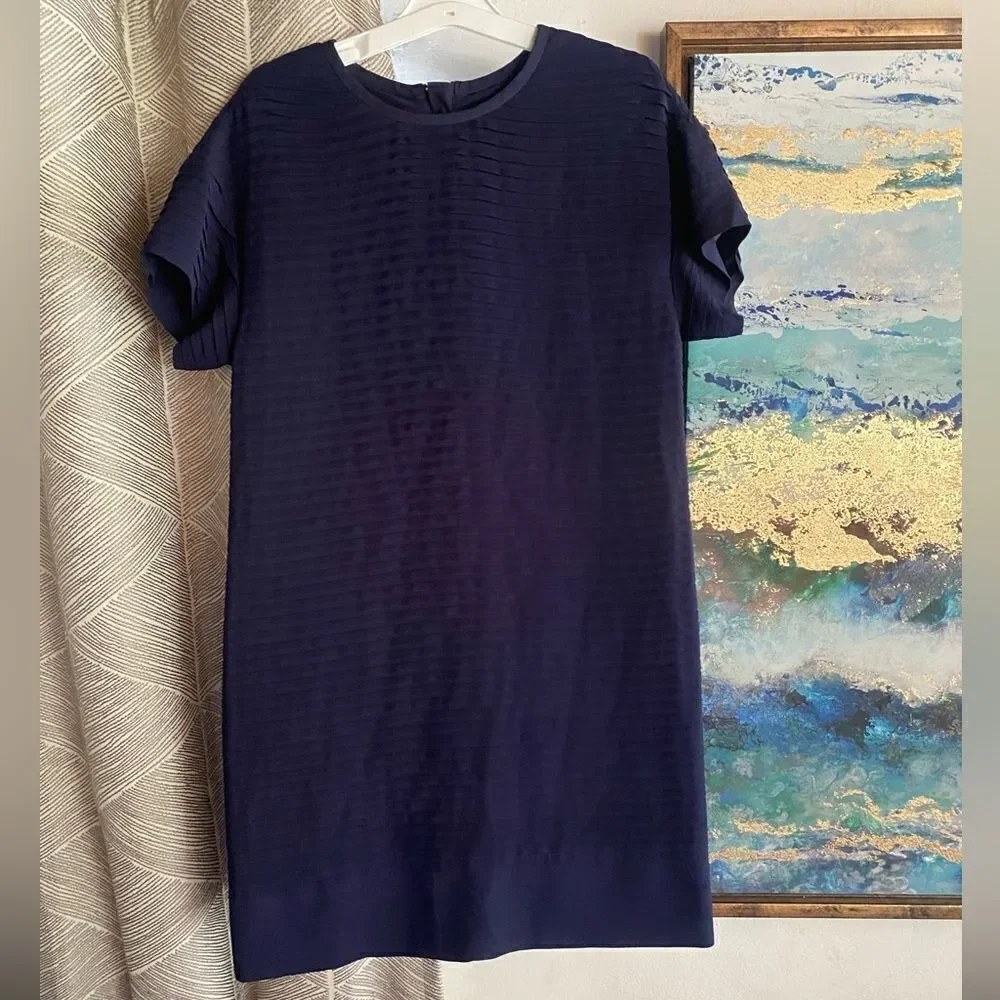 J.Crew Shift Dress Women Size 2 Navy Pleated Short Sleeve